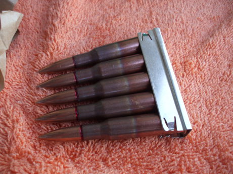 Five 7.62x54mmR cartridges in a stripper clip.