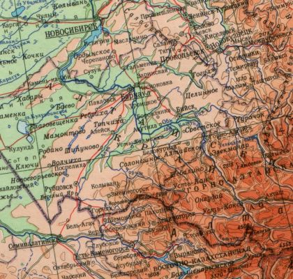 Detailed map of Russia and Kazakhstan near Novosibirsk.