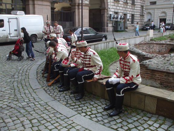 Honor guard relaxing with their SKS rifles at the office of the Bulgarian president, in Sofia, Bulgaria.