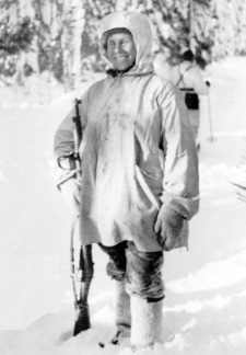 Simo Häyhä in white winter camouflage.