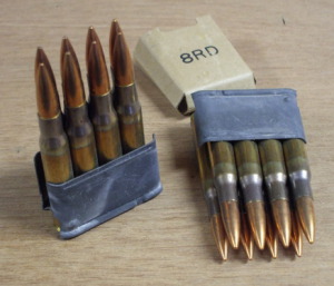 Two en bloc clips for the M1 Garand each holding eight rounds of .30-06 or M2 Ball ammo.