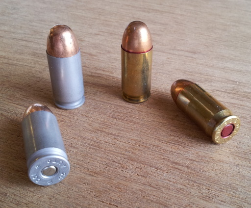 .45 ACP cartridges in brass and aluminum cases.