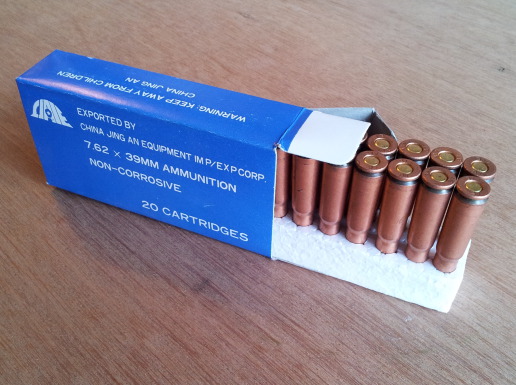 Box of 7.62x39mm rifle ammunition cartridges.