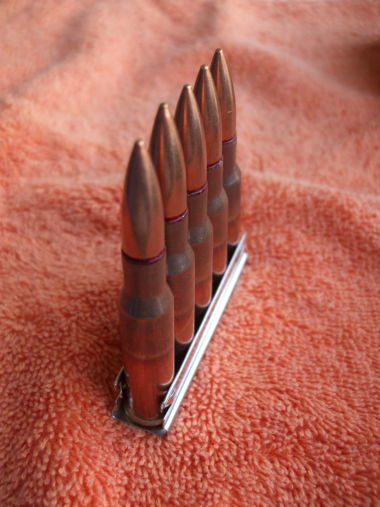 Five 7.62x54mmR cartridges in a stripper clip.