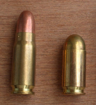 7.62x25mm Tokorev and 9x18mm Makarov pistol ammunition cartridges.
