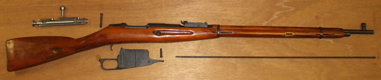 Field strip the Mosin-Nagant rifle into its major components for cleaning.