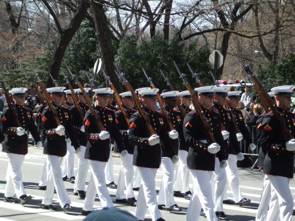 U.S. Marine Corps unit carrying M1 Garand rifles in the Saint Patrick's Day parade in New York.