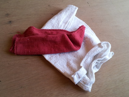 Red and white shop towels.