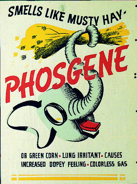 Phosgene smells like musty hay or green corn, it's a lung irritant, it's a colorless gas causing a dopey feeling.  From https://en.wikipedia.org/wiki/File:Phosgene_poster_ww2.jpg, GNU Free Documentation License