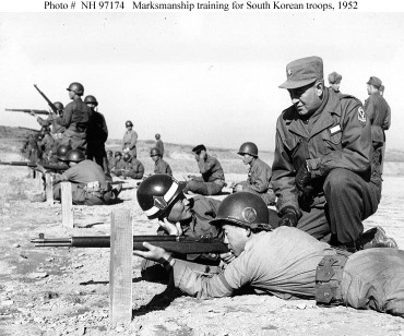 U.S. Marines providing marksmanship training for South Korean troops, 1952.
