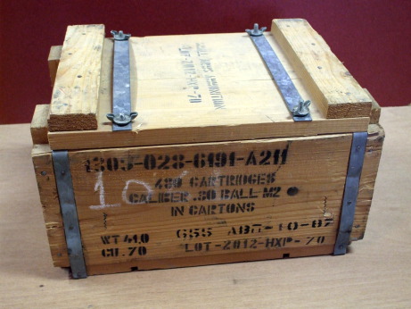 Wooden crate of Greek surplus .30-06 Springfield ammunition for an M1 Garand.