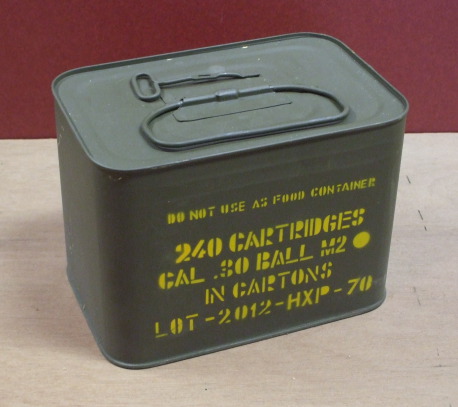 Greek surplus .30-06 Springfield ammunition in a metal can, for an M1 Garand.