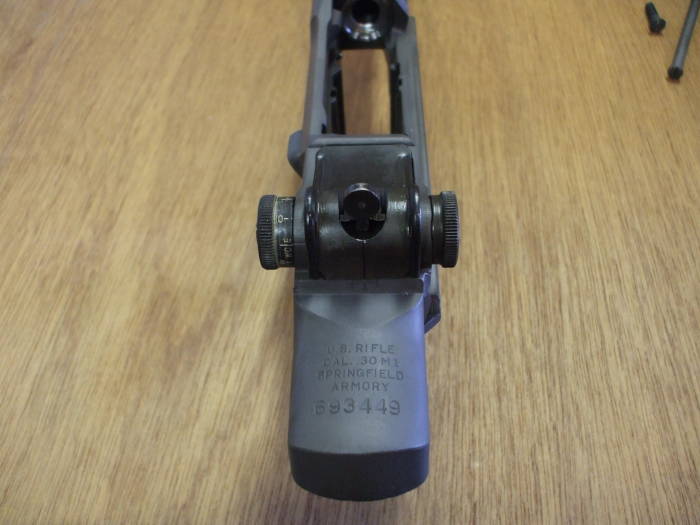 M1 Garand rifle rear sight, fully assembled and ready to be zeroed.