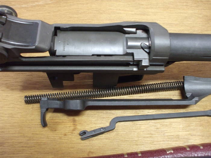 M1 Garand rifle, action and bolt, top view.