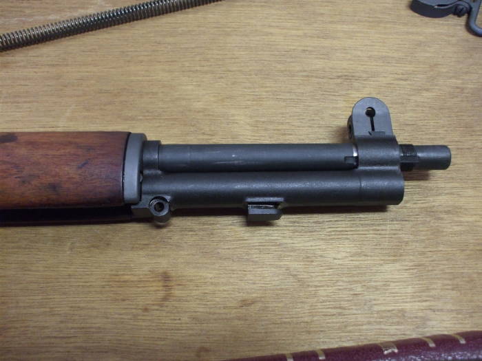 M1 Garand rifle, gas cylinder assembly and front handguard, side view.