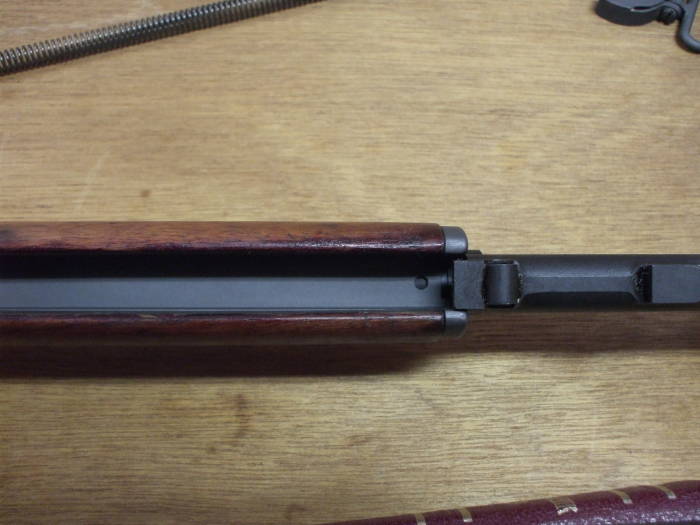 M1 Garand rifle, gas cylinder assembly and front handguard, top view.