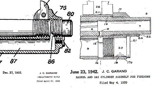 M1 Garand rifle barrel, gas trap, and gas cylinder as seen in patent drawings.