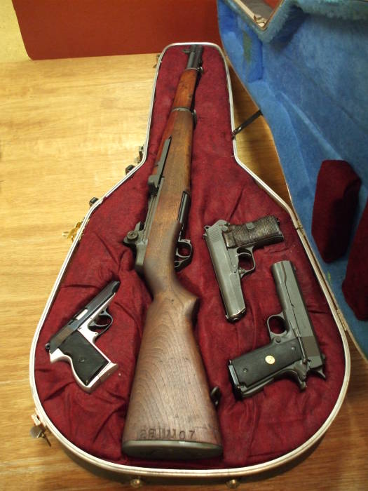 Open custom gun case with M1 Garand, FEG PA-63,  Česká Zbrojovka vzor 52, and Norinco M1911A1.
