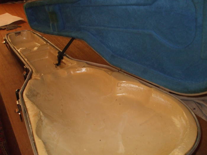 Blue fur guitar case, all lower fur removed and original foam exposed.