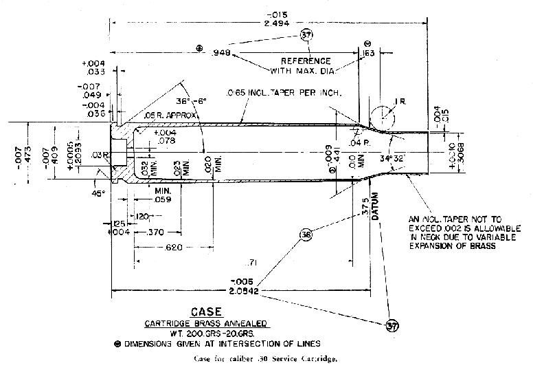 Mechanical drawing or machinist's drawing of Case for caliber .30 Service Cartridge, M2
