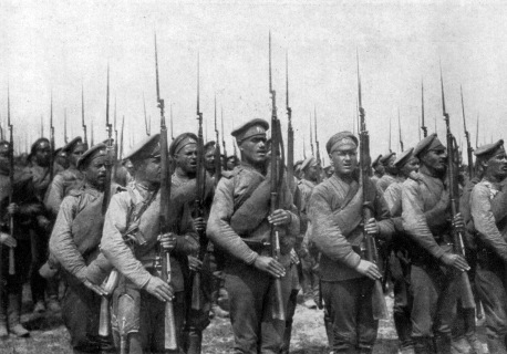 Russian Imperial infantry in World War I armed with Mosin-Nagant rifles.