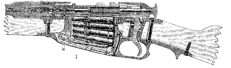 Cross-section diagram of Mosin-Nagant or Three-line Rifle or Vintovka Mosina showing magazine, action, bolt, trigger group, chamber and barrel.
